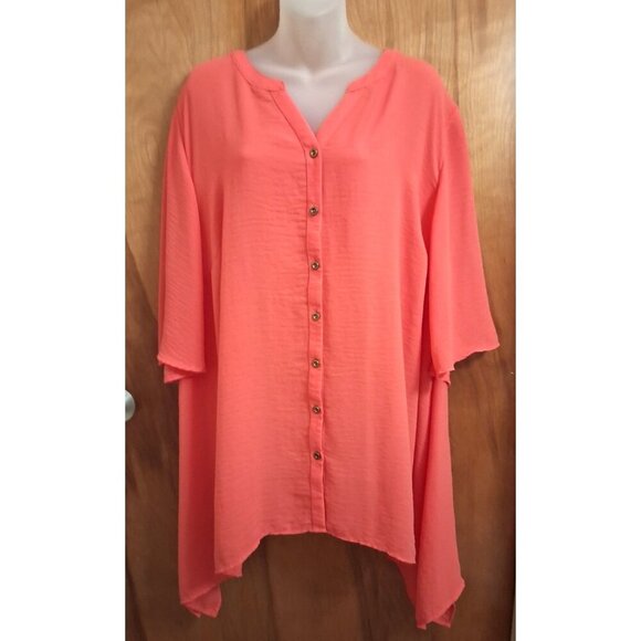 Catherines Pink chiffon Button-Up tunic Top Plus size 2X 22/24w semi sheer - Picture 1 of 4